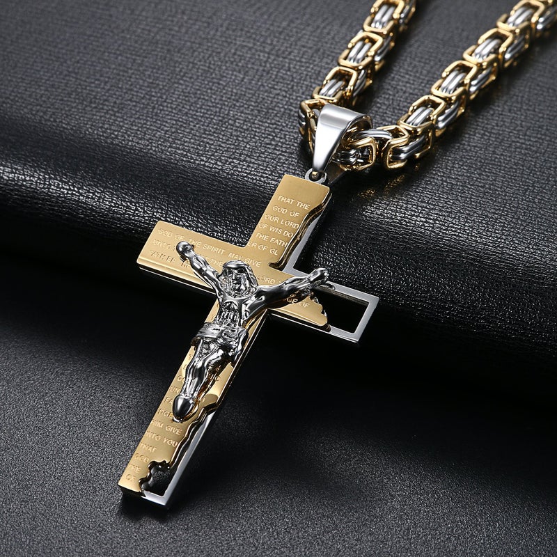 OIDEA Stainless Steel Punk Rock Mens Prayer Jesus Bible Lords Cross Crucifix Necklace,Gold Silver-Two Tone for Birthday Gifts - Image 2